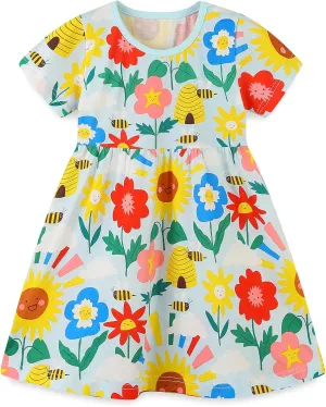 Hongshilian Toddler Girl Cotton Casual Dress Cartoon Appliques Short Sleeve Tunic Jersey Clothing
