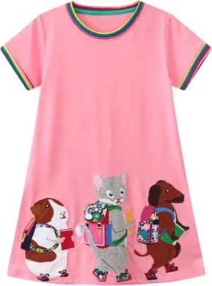 Hongshilian Toddler Girl Cotton Casual Dress Cartoon Appliques Short Sleeve Tunic Jersey Clothing