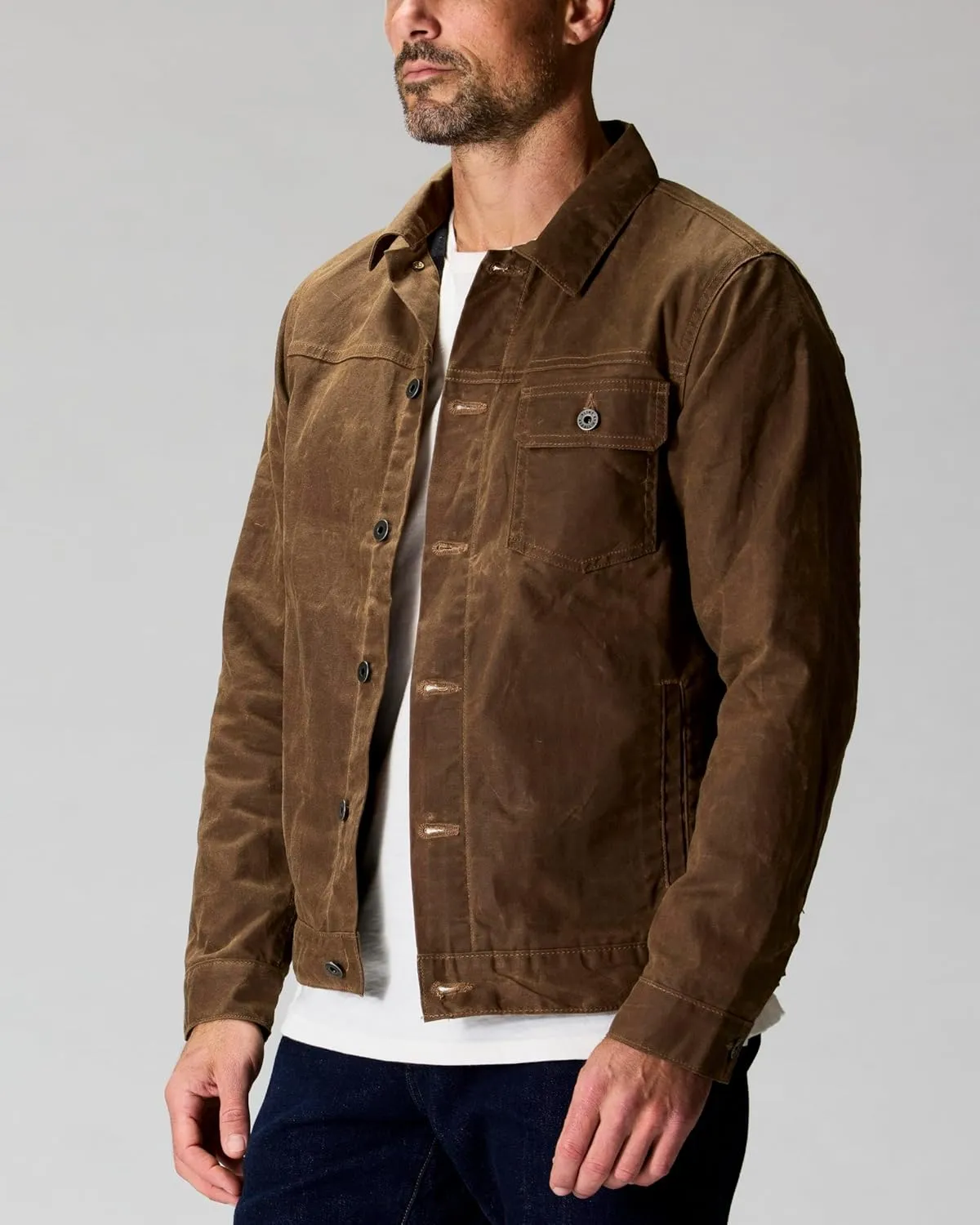 Huckberry Flint and Tinder Men's Flannel-Lined Waxed Trucker Jacket, Water & Weather Resistant Mens Jacket