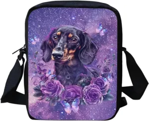 HUGS IDEA Small Messenger Bags Galaxy Dachshund Rose Print Shoulder Crossbody Bag for Womens Girls Lightweight Zipper Satchel Handbag for Travel School