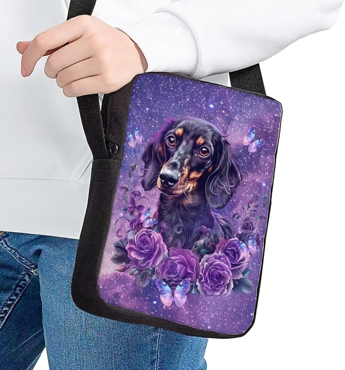 HUGS IDEA Small Messenger Bags Galaxy Dachshund Rose Print Shoulder Crossbody Bag for Womens Girls Lightweight Zipper Satchel Handbag for Travel School