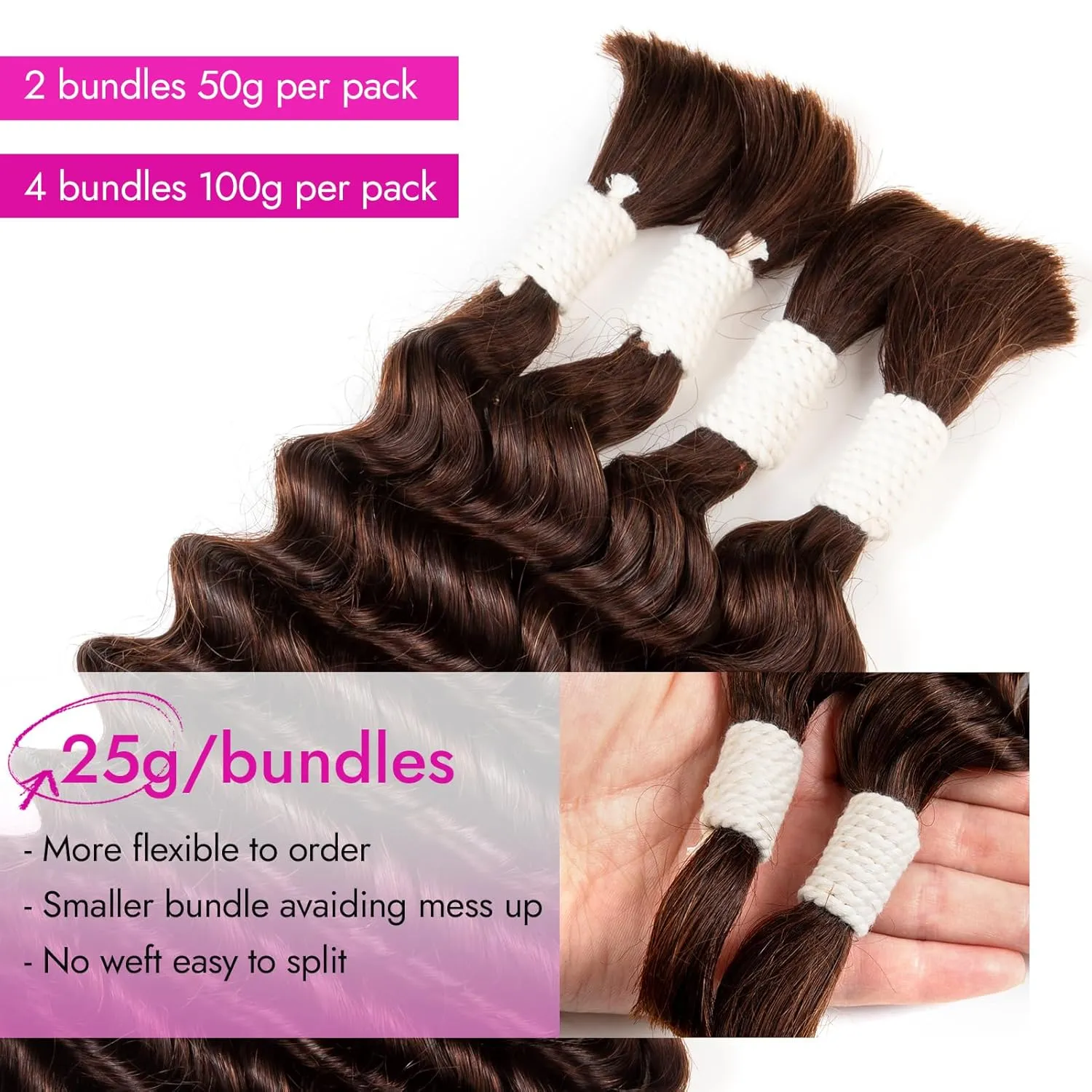 Human Braiding Hair Deep Water Wave 2 Bundles/Pack 50g 18 Inch, Dark Brown Bulk Human Hair Braiding Hair for Boho Braids, Curly Wet and Wavy Bohemian Human Hair for Braiding Non Weft