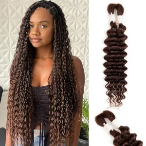 Human Braiding Hair Deep Water Wave 2 Bundles/Pack 50g 18 Inch, Dark Brown Bulk Human Hair Braiding Hair for Boho Braids, Curly Wet and Wavy Bohemian Human Hair for Braiding Non Weft