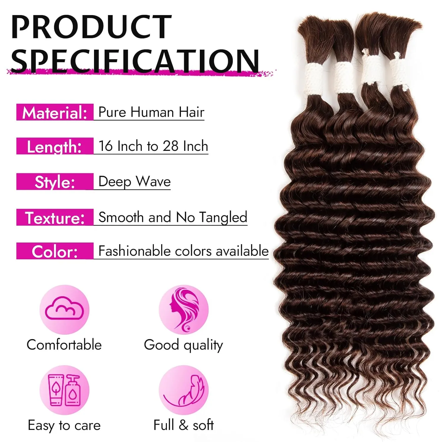 Human Braiding Hair Deep Water Wave 2 Bundles/Pack 50g 18 Inch, Dark Brown Bulk Human Hair Braiding Hair for Boho Braids, Curly Wet and Wavy Bohemian Human Hair for Braiding Non Weft