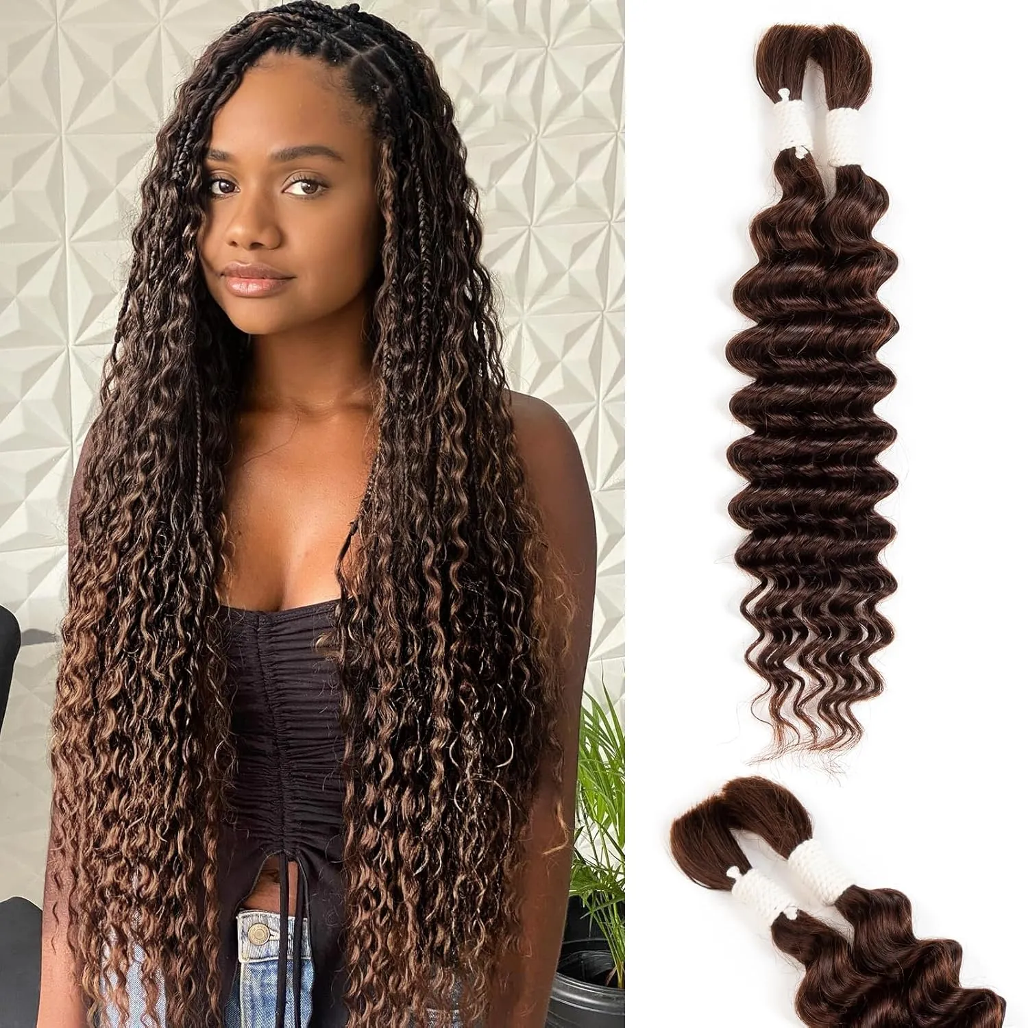 Human Braiding Hair Deep Water Wave 2 Bundles/Pack 50g 18 Inch, Dark Brown Bulk Human Hair Braiding Hair for Boho Braids, Curly Wet and Wavy Bohemian Human Hair for Braiding Non Weft