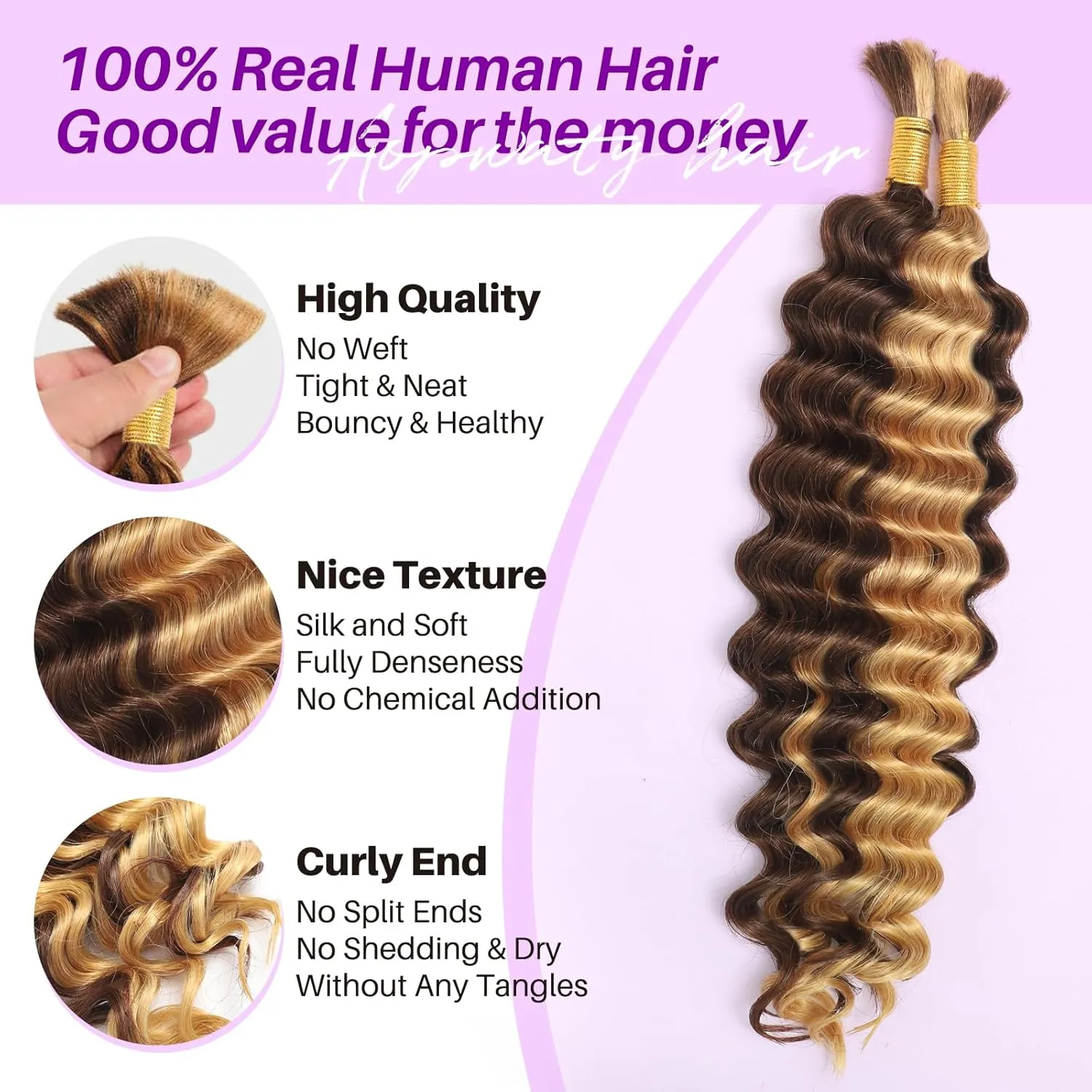 Human Braiding Hair for Boho Braids, Deep Wave Bulk Boho Braids Human Hair Curly Bohemian Water Wave Knotless 70g 16 Inch Balayage Chocolate Brown to Caramel Blonde (2 No Weft Bundles/Pack)