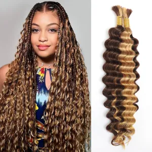 Human Braiding Hair for Boho Braids, Deep Wave Bulk Boho Braids Human Hair Curly Bohemian Water Wave Knotless 70g 16 Inch Balayage Chocolate Brown to Caramel Blonde (2 No Weft Bundles/Pack)