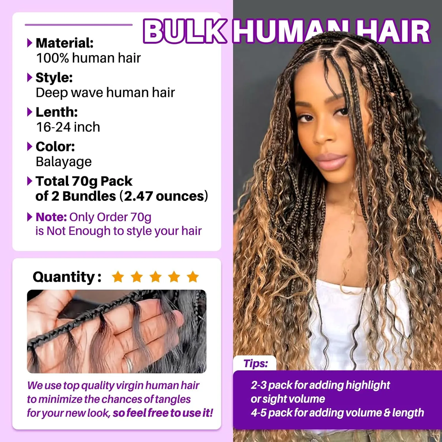 Human Braiding Hair for Boho Braids, Deep Wave Bulk Boho Braids Human Hair Curly Bohemian Water Wave Knotless 70g 16 Inch Balayage Chocolate Brown to Caramel Blonde (2 No Weft Bundles/Pack)
