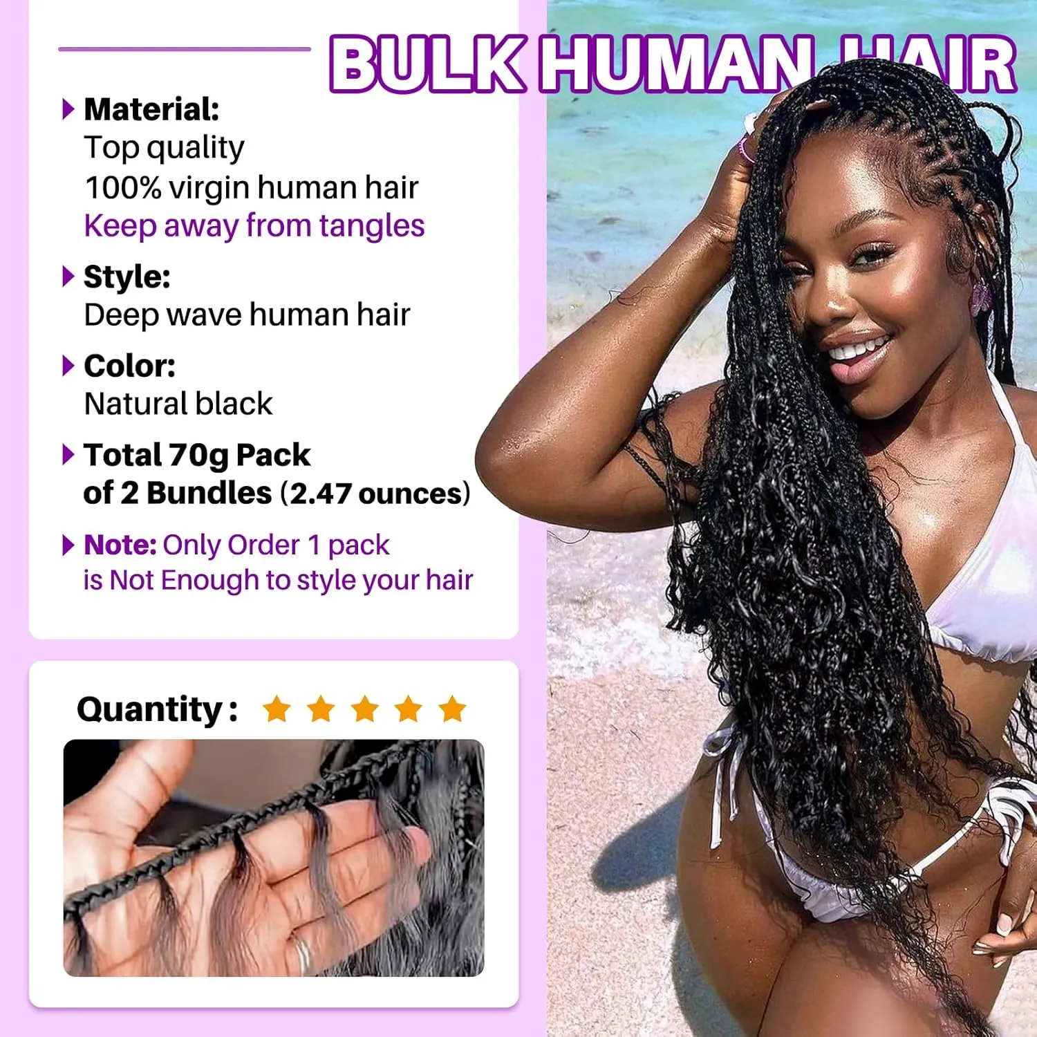 Human Braiding Hair for Boho Braids, Deep Wave Bulk Boho Braids Human Hair for Knotless Curly Bohemian Water Wave Boho Hair for Braiding 70g 16 Inch Natural Color (2 No Weft Bundles/Pack)