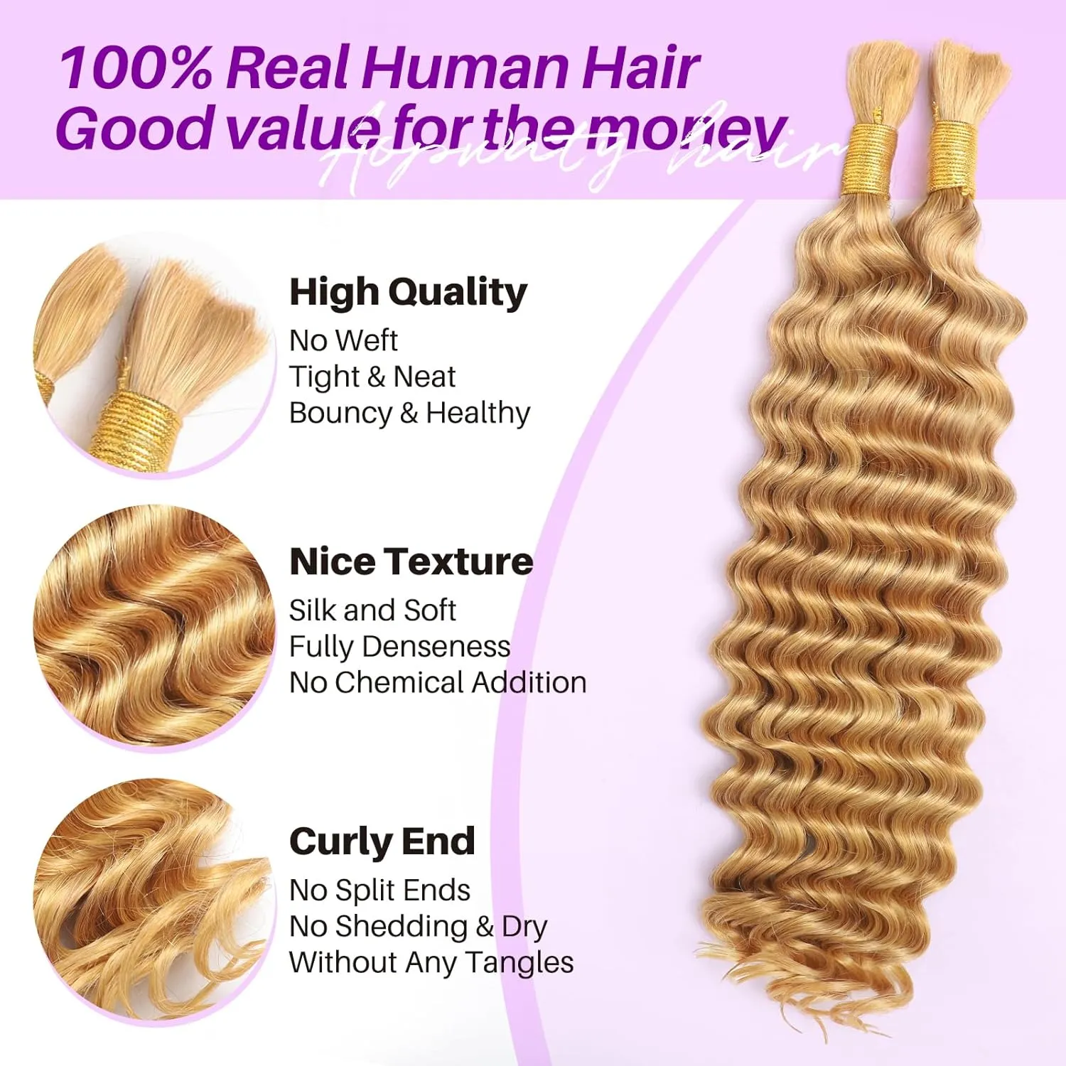 Human Braiding Hair for Boho Braids, Deep Wave Bulk Boho Braids Human Hair for Knotless Curly Bohemian Water Wave Braiding 70g 16 Inch Caramel Blonde (2 No Weft Bundles/Pack)