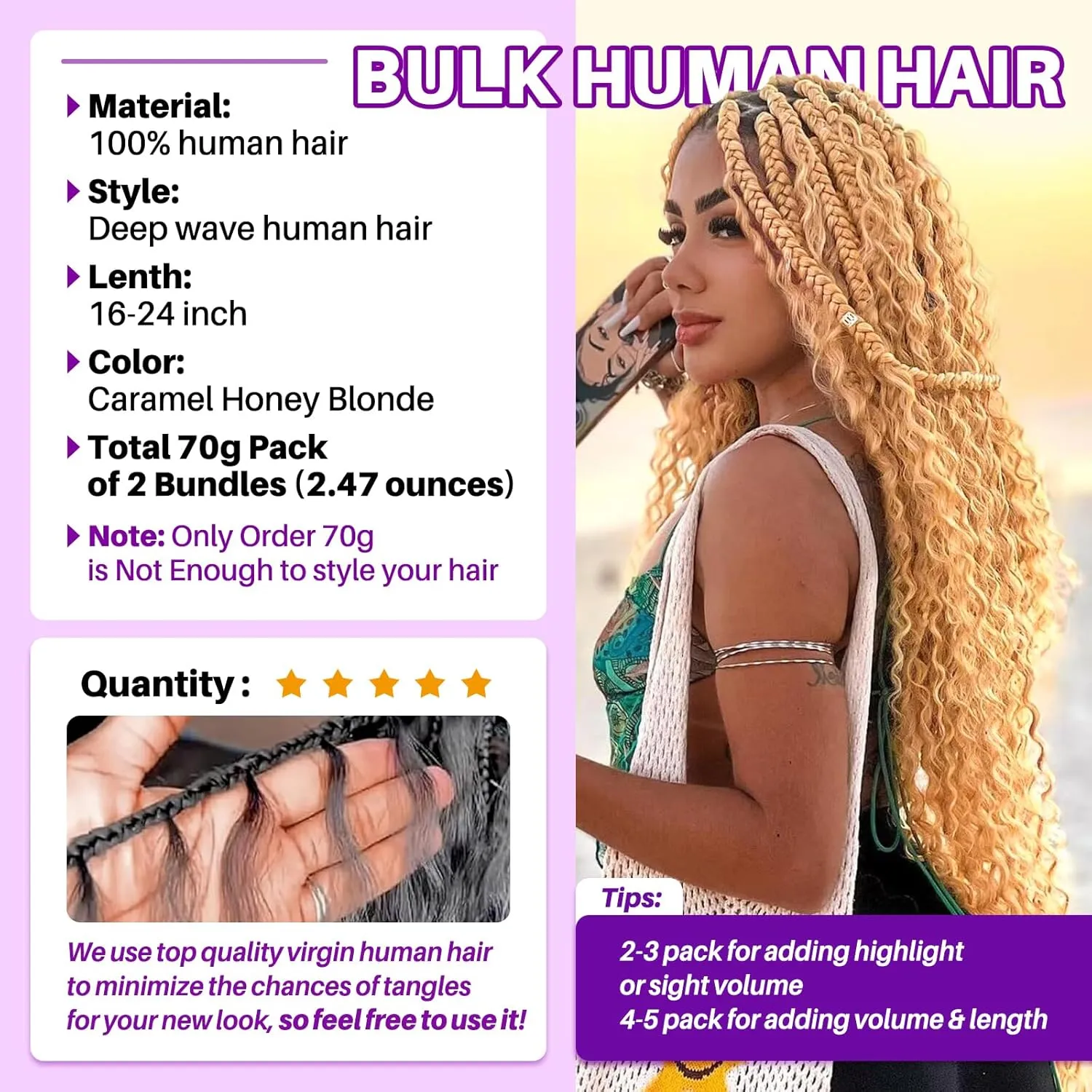 Human Braiding Hair for Boho Braids, Deep Wave Bulk Boho Braids Human Hair for Knotless Curly Bohemian Water Wave Braiding 70g 16 Inch Caramel Blonde (2 No Weft Bundles/Pack)