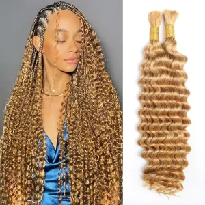 Human Braiding Hair for Boho Braids, Deep Wave Bulk Boho Braids Human Hair for Knotless Curly Bohemian Water Wave Braiding 70g 16 Inch Caramel Blonde (2 No Weft Bundles/Pack)