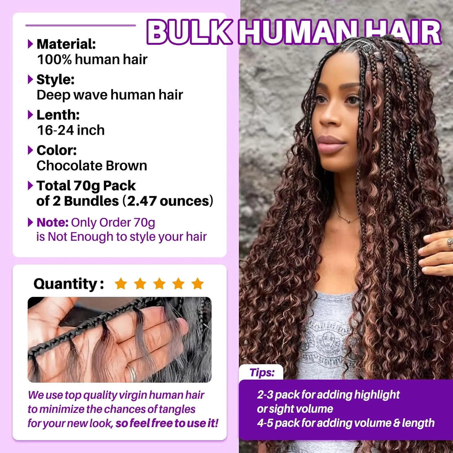 Human Braiding Hair for Boho Braids, Deep Wave Bulk Boho Braids Human Hair for Knotless Curly Bohemian Water Wave Braiding 70g 16 Inch Chocolate Brown (2 No Weft Bundles/Pack)