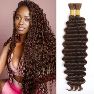 Human Braiding Hair for Boho Braids, Deep Wave Bulk Boho Braids Human Hair for Knotless Curly Bohemian Water Wave Braiding 70g 16 Inch Chocolate Brown (2 No Weft Bundles/Pack)