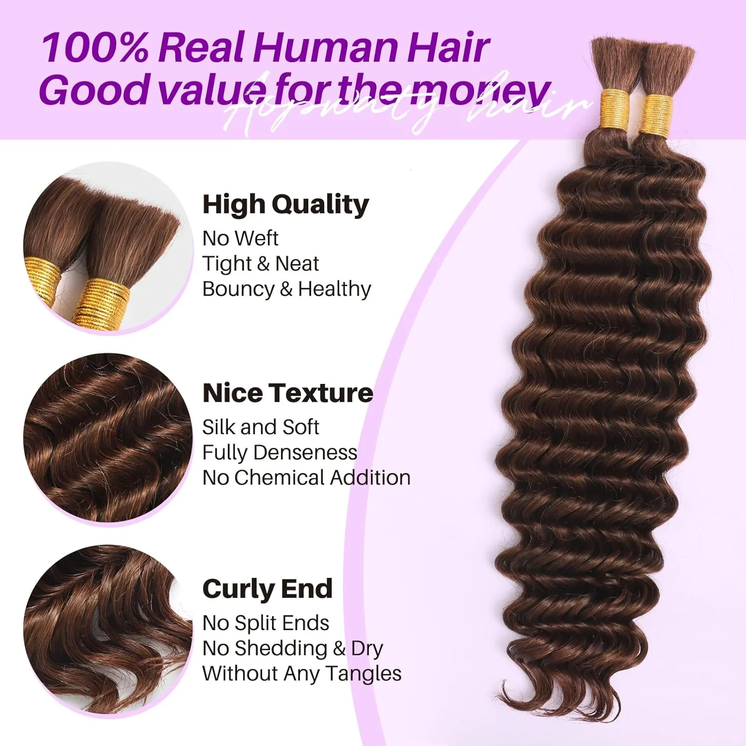 Human Braiding Hair for Boho Braids, Deep Wave Bulk Boho Braids Human Hair for Knotless Curly Bohemian Water Wave Braiding 70g 16 Inch Chocolate Brown (2 No Weft Bundles/Pack)