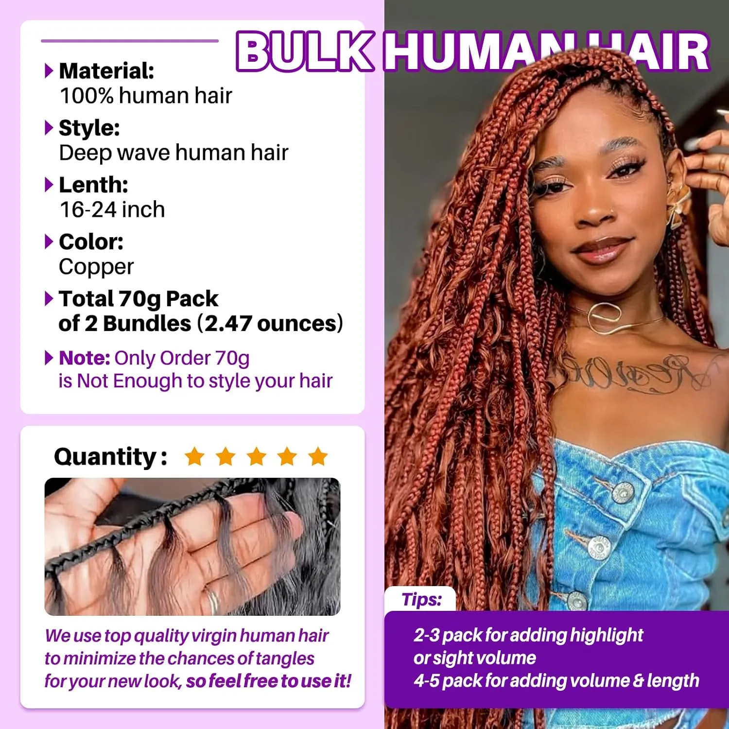 Human Braiding Hair for Boho Braids, Deep Wave Bulk Boho Braids Human Hair for Knotless Curly Bohemian Water Wave Braiding 70g 16 Inch Copper (2 No Weft Bundles/Pack)