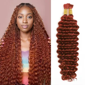 Human Braiding Hair for Boho Braids, Deep Wave Bulk Boho Braids Human Hair for Knotless Curly Bohemian Water Wave Braiding 70g 16 Inch Copper (2 No Weft Bundles/Pack)