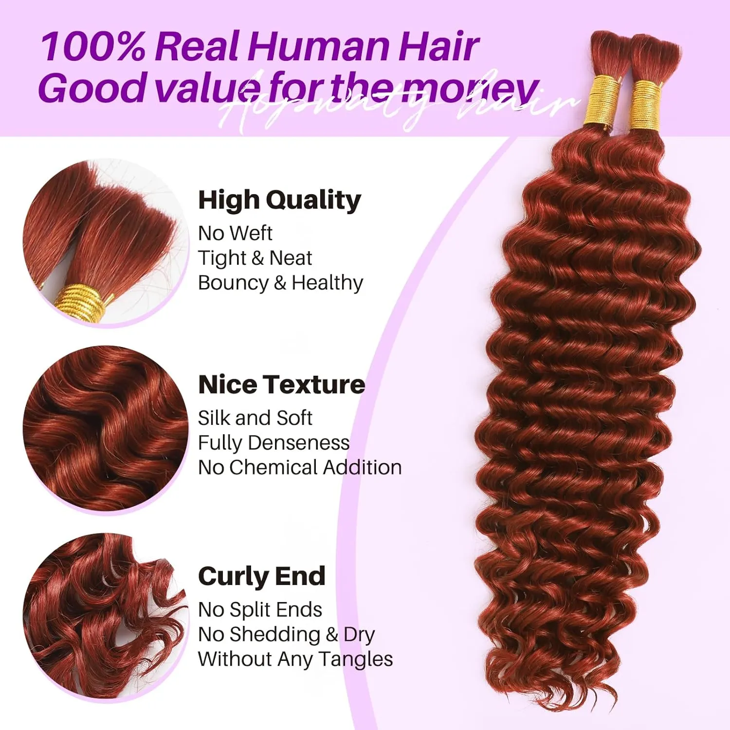 Human Braiding Hair for Boho Braids, Deep Wave Bulk Boho Braids Human Hair for Knotless Curly Bohemian Water Wave Braiding 70g 16 Inch Copper (2 No Weft Bundles/Pack)