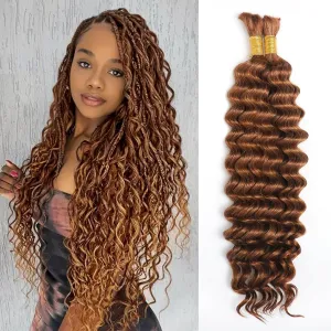 Human Braiding Hair for Boho Braids, Deep Wave Bulk Knotless Braids Curly Bohemian Water Wave Braiding 70g 16 Inch Auburn Ginger (2 No Weft Bundles/Pack)