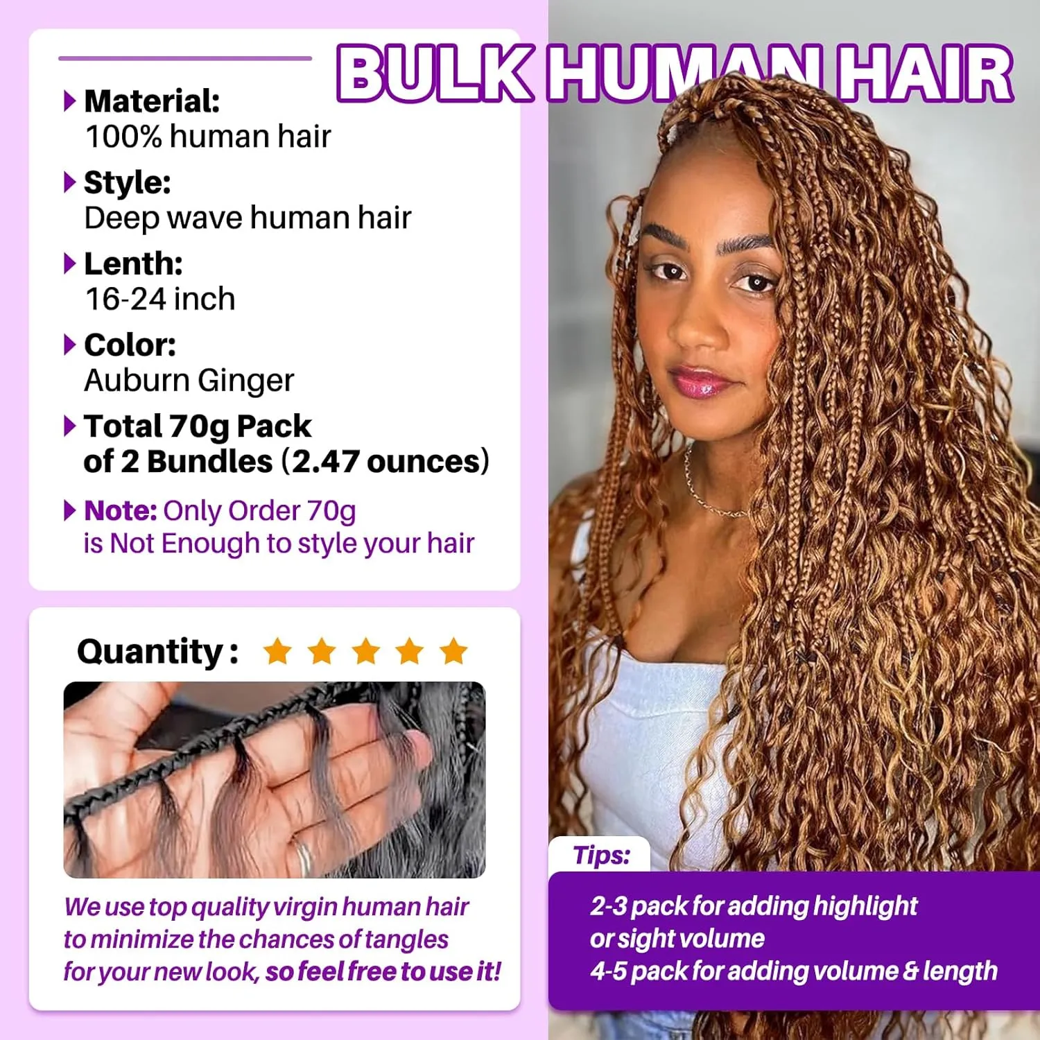 Human Braiding Hair for Boho Braids, Deep Wave Bulk Knotless Braids Curly Bohemian Water Wave Braiding 70g 16 Inch Auburn Ginger (2 No Weft Bundles/Pack)
