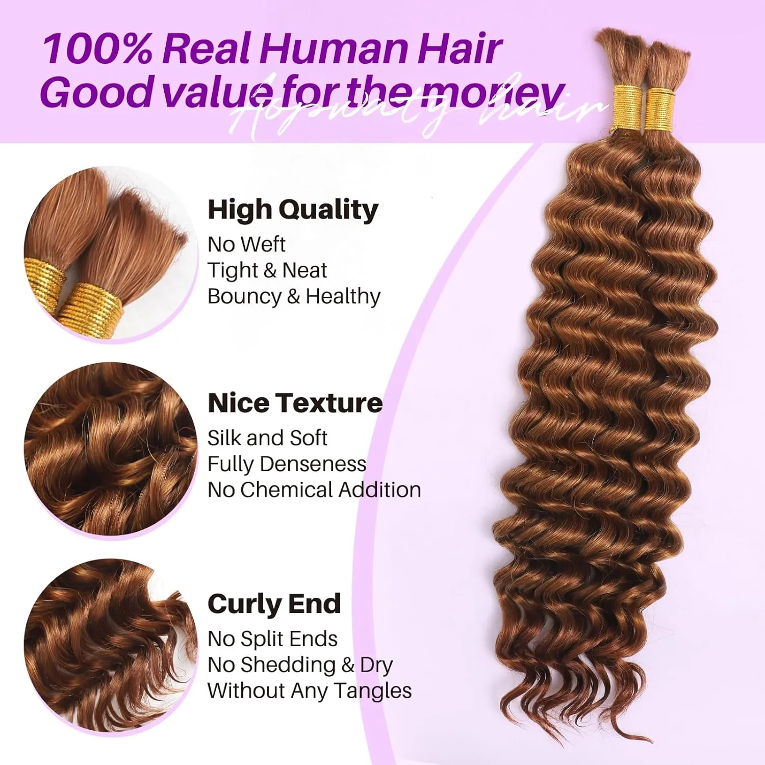 Human Braiding Hair for Boho Braids, Deep Wave Bulk Knotless Braids Curly Bohemian Water Wave Braiding 70g 16 Inch Auburn Ginger (2 No Weft Bundles/Pack)