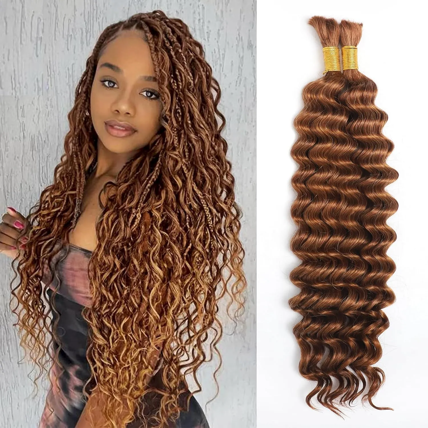 Human Braiding Hair for Boho Braids, Deep Wave Bulk Knotless Braids Curly Bohemian Water Wave Braiding 70g 16 Inch Auburn Ginger (2 No Weft Bundles/Pack)