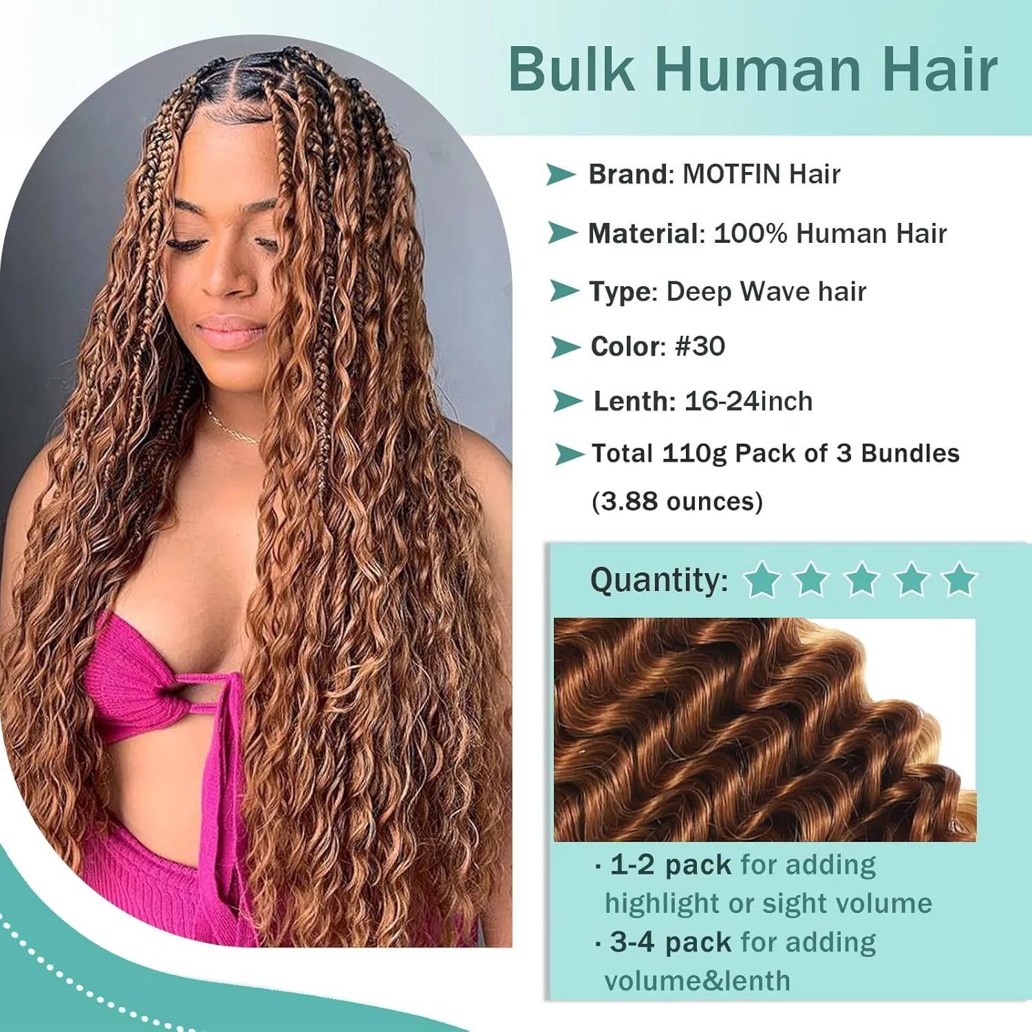 Human Braiding Hair for Boho Braids Human 110g 16 Inch Curly Boho Hair for Braiding Knotless 12A Deep Wave Bulk Bohemian 3 Bundles/Pack Auburn Ginger