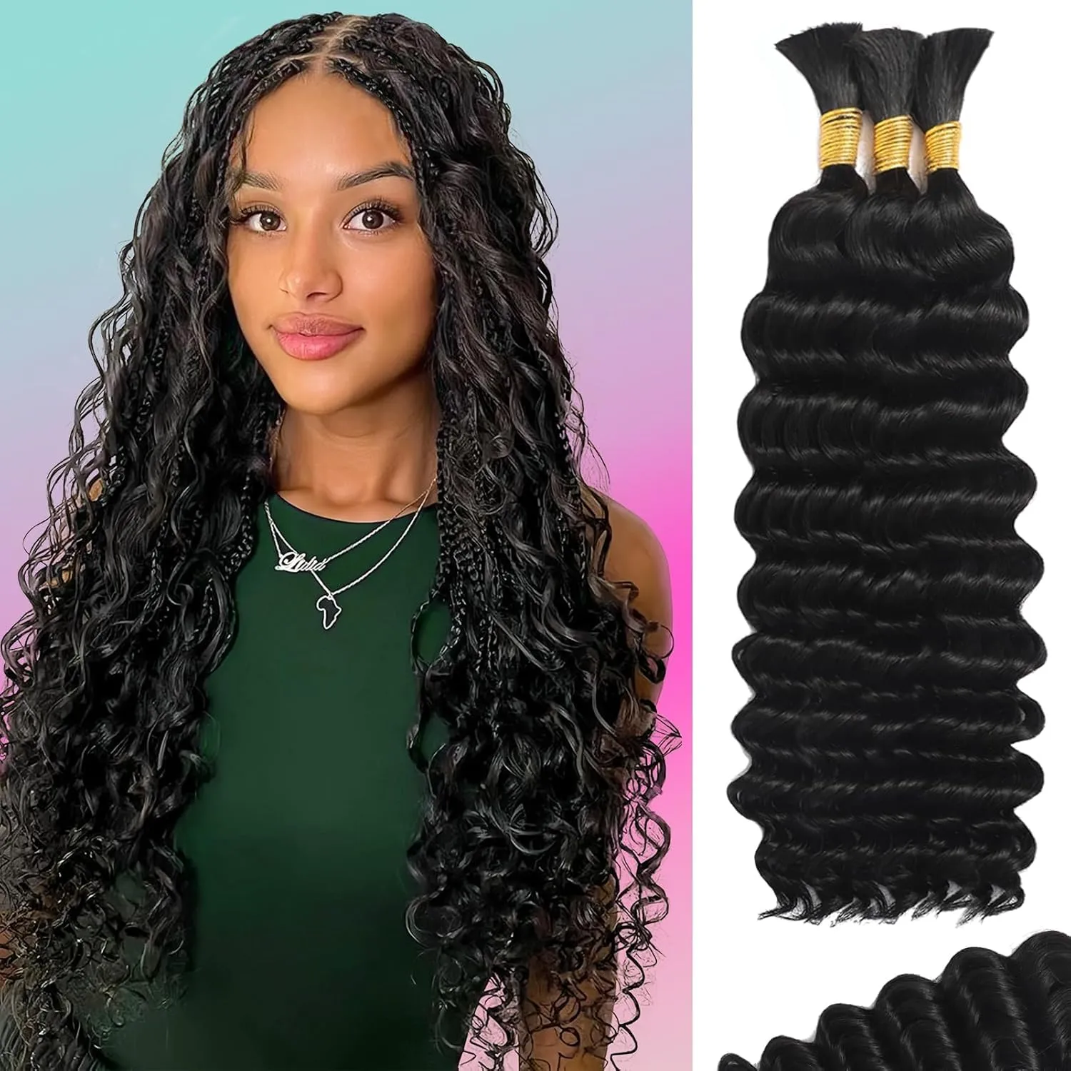 Human Braiding Hair for Boho Braids Human 110g 16 Inch Curly Boho Hair for Braiding Knotless 12A Deep Wave Bulk Bohemian 3 Bundles/Pack Natural Color