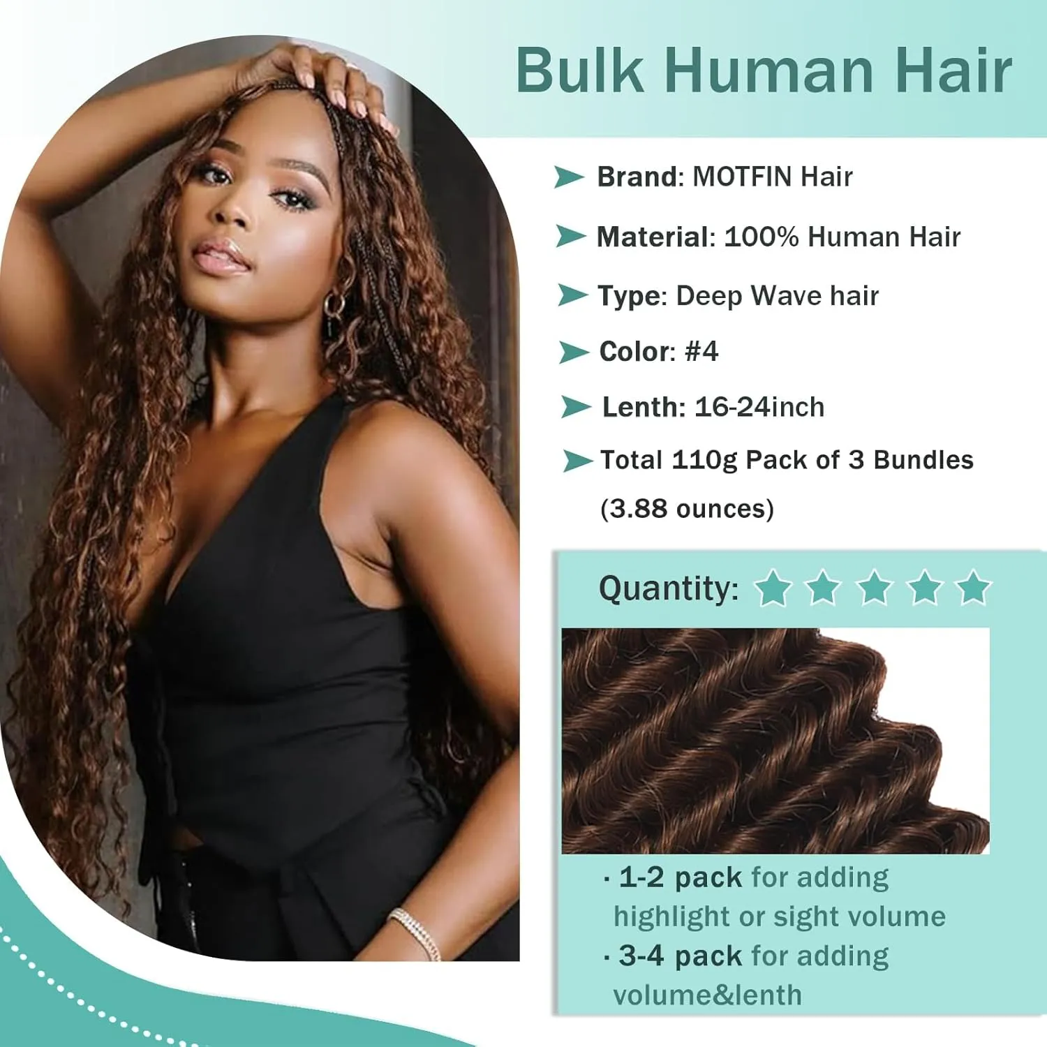 Human Braiding Hair for Boho Braids Human Hair 110g 16 Inch Curly Boho Hair for Braiding Knotless 12A Deep Wave Bohemian 3 Bundles/Pack Chocolate Brown