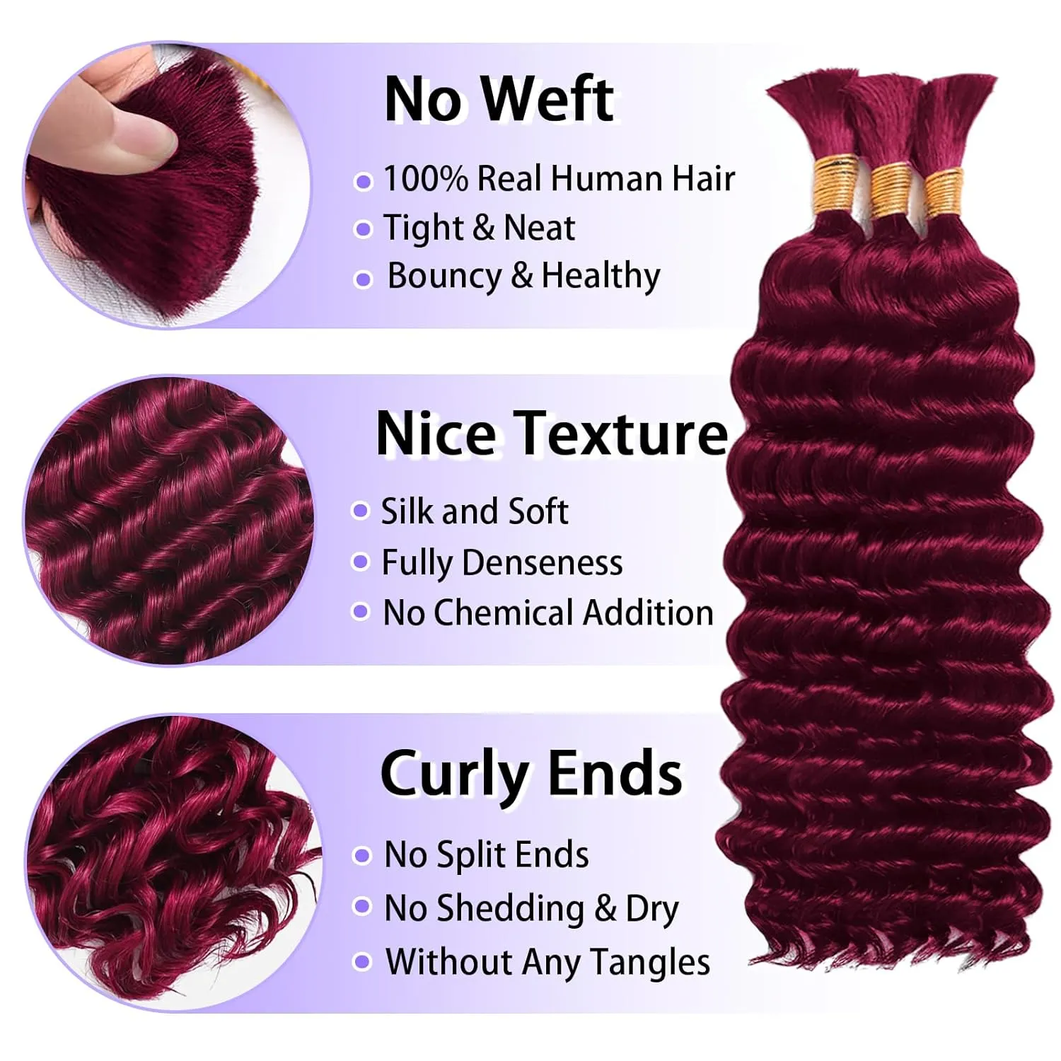 Human Braiding Hair for Boho Braids Human Hair 3 Bundles/Pack 110g 16 Inch Deep Wave Bulk Human Hair for Braiding Curly Knotless 12A Brazilian Virgin Burgundy