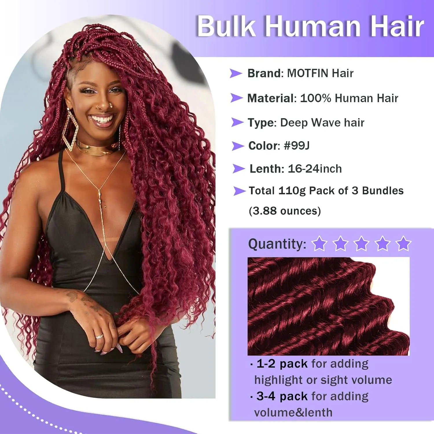 Human Braiding Hair for Boho Braids Human Hair 3 Bundles/Pack 110g 16 Inch Deep Wave Bulk Human Hair for Braiding Curly Knotless 12A Brazilian Virgin Burgundy