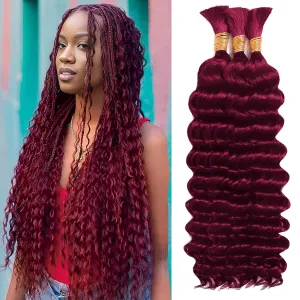 Human Braiding Hair for Boho Braids Human Hair 3 Bundles/Pack 110g 20 Inch Deep Wave Bulk Human Hair for Braiding Curly Knotless 12A Brazilian Virgin Burgundy