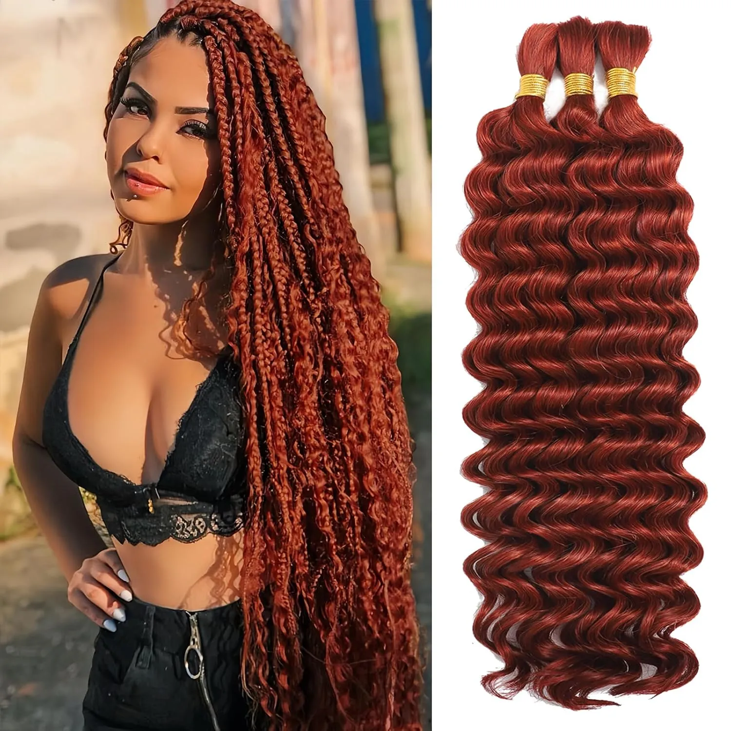 Human Braiding Hair for Boho Braids Human Hair 3 Bundles/Pack 110g 20 Inch Deep Wave Bulk Human Hair for Braiding Curly Knotless 12A Brazilian Virgin Copper