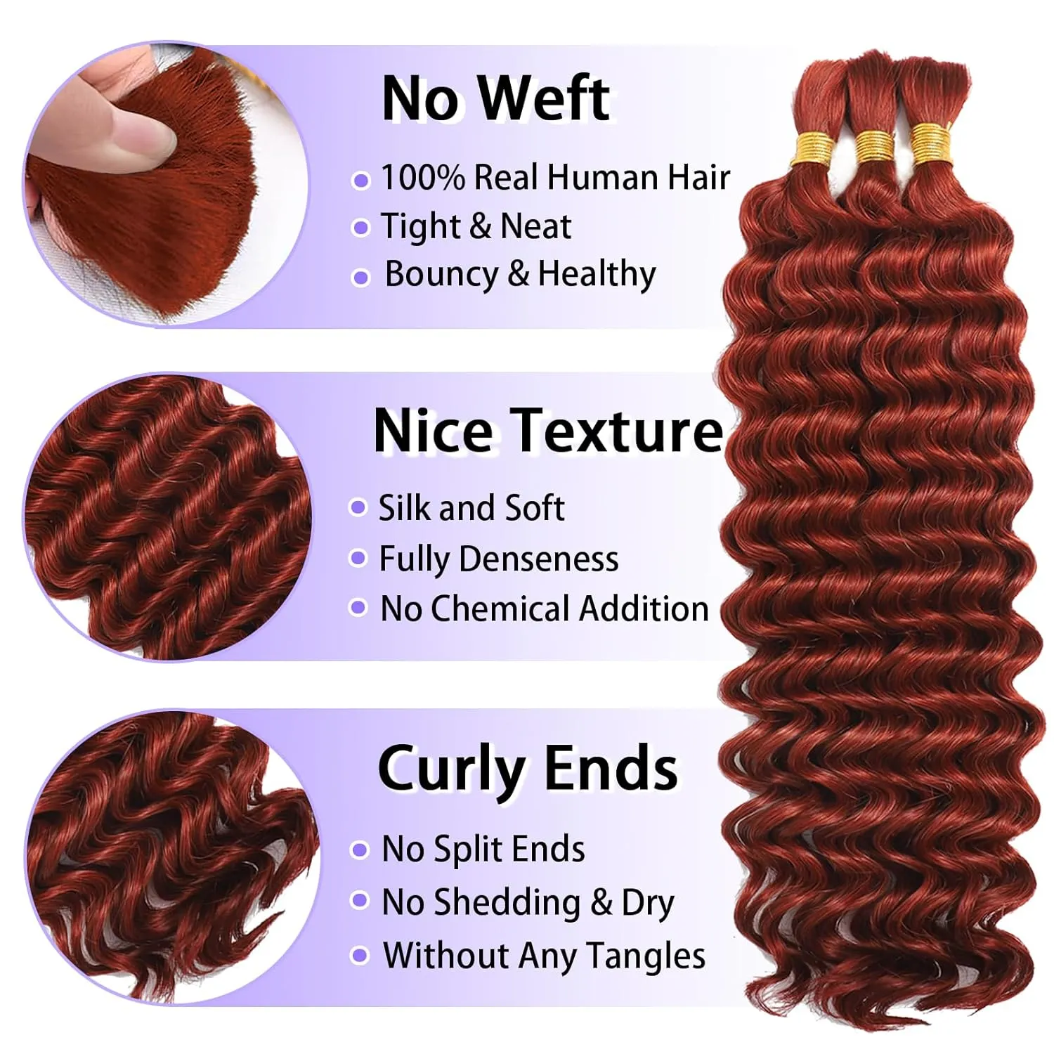 Human Braiding Hair for Boho Braids Human Hair 3 Bundles/Pack 110g 20 Inch Deep Wave Bulk Human Hair for Braiding Curly Knotless 12A Brazilian Virgin Copper