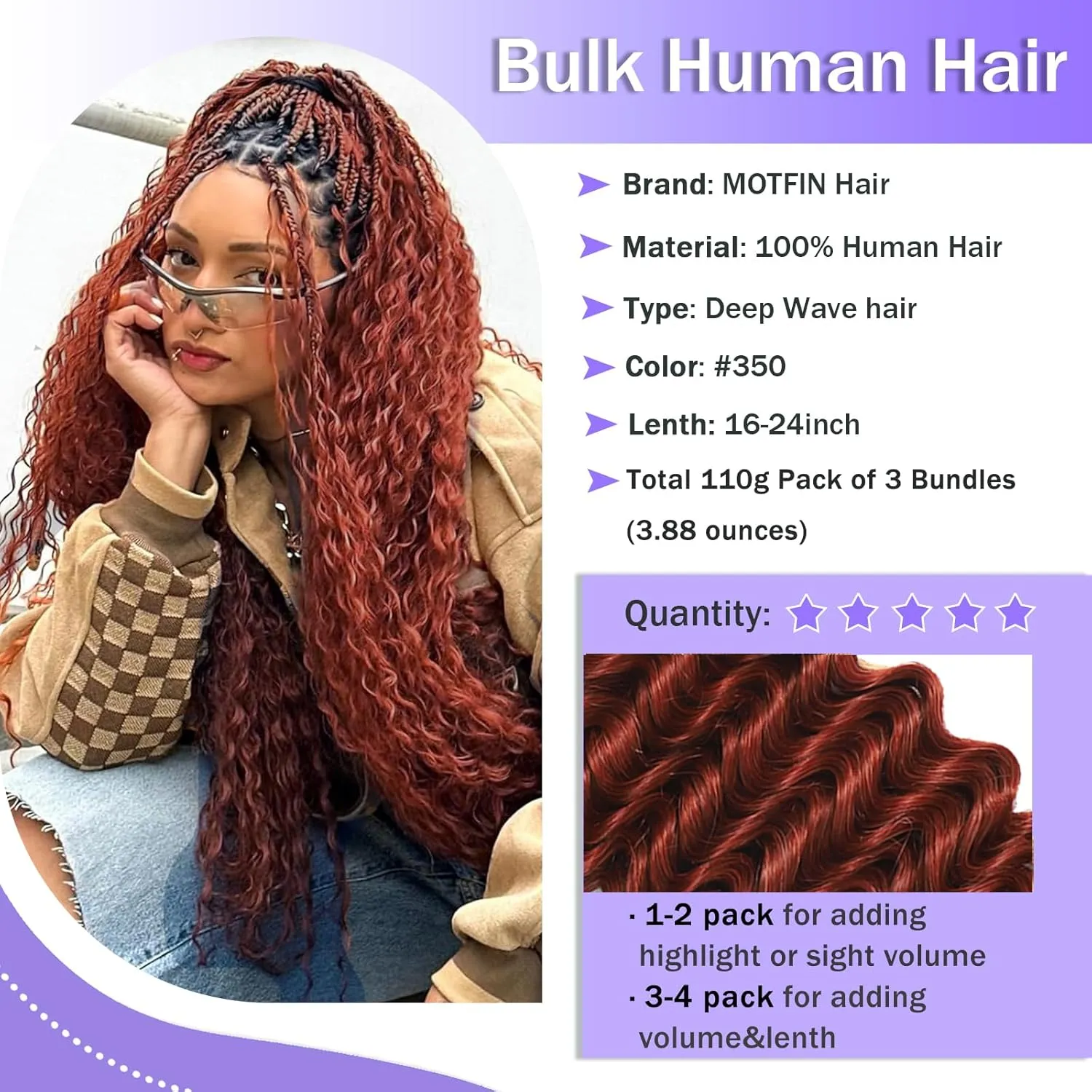 Human Braiding Hair for Boho Braids Human Hair 3 Bundles/Pack 110g 20 Inch Deep Wave Bulk Human Hair for Braiding Curly Knotless 12A Brazilian Virgin Copper