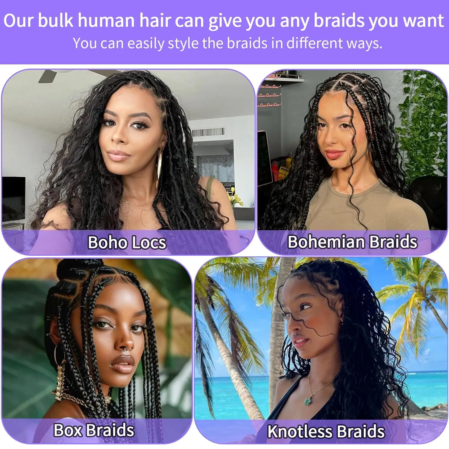 Human Braiding Hair for Boho Braids Human Hair 3 Bundles/Pack 110g 20 Inch Deep Wave Bulk Human Hair for Braiding Curly Knotless 12A Brazilian Virgin Ombre Balayage