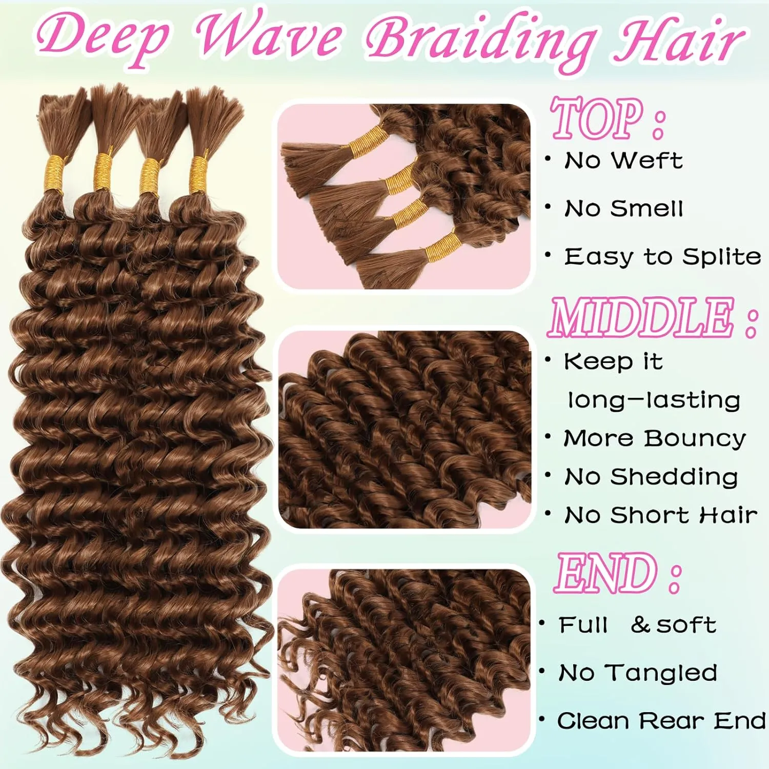 Human Braiding Hair Mix Synthetic Boho Hair for Braiding, 16 Inch 200g Boho Braids 4 Bundles Wet and Wavy Curly Deep Wave Bulk Bohemian Extensions for Black Women (30#, 16 Inch)