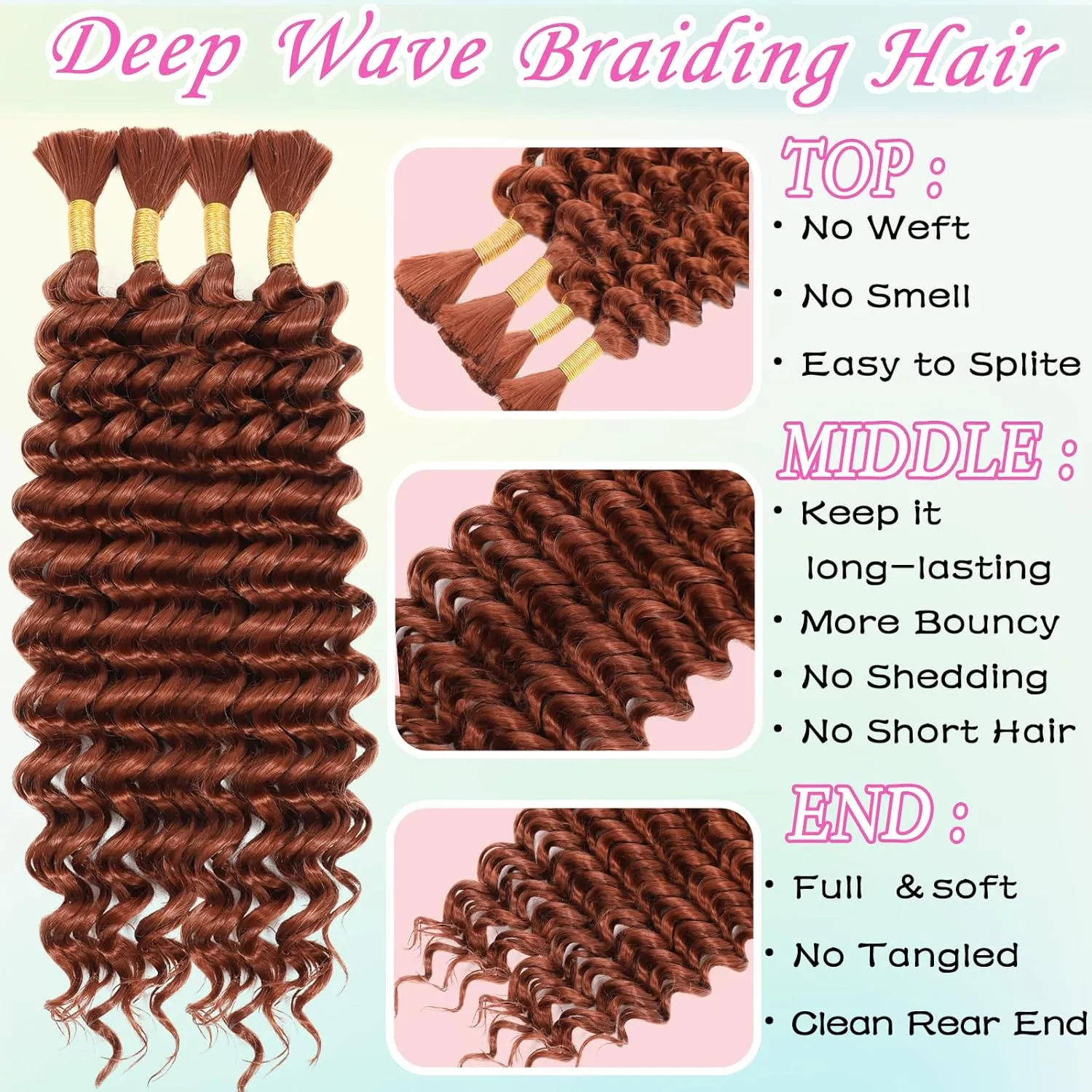 Human Braiding Hair Mix Synthetic Boho Hair for Braiding, 16 Inch 200g Boho Braids 4 Bundles Wet and Wavy Curly Deep Wave Bulk Bohemian Extensions for Black Women (350#, 16 Inch)
