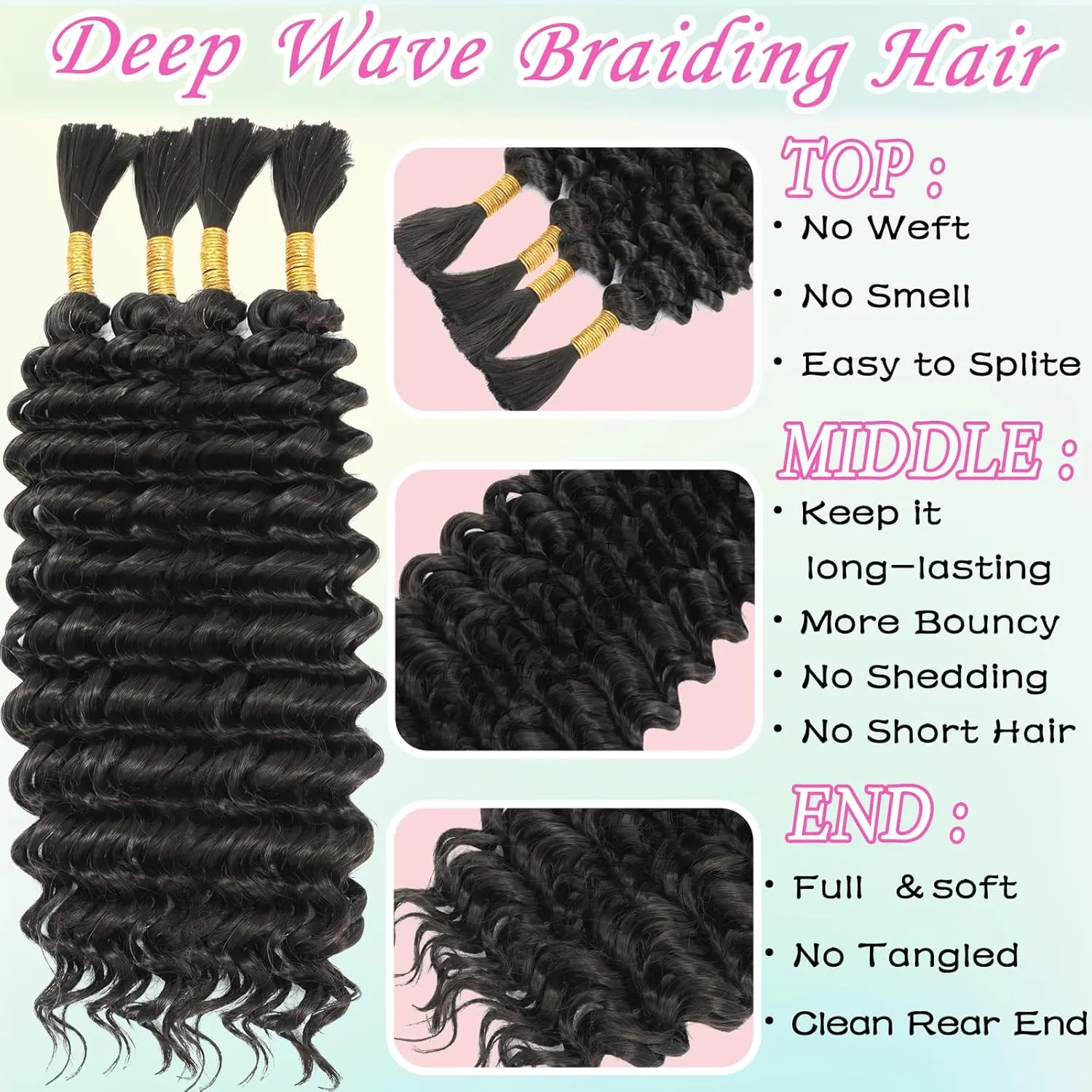 Human Braiding Hair Mix Synthetic Boho Hair for Braiding, 16 Inch 200g Boho Braids 4 Bundles Wet and Wavy Curly Deep Wave Bulk Bohemian Extensions for Black Women (4#, 16 Inch)