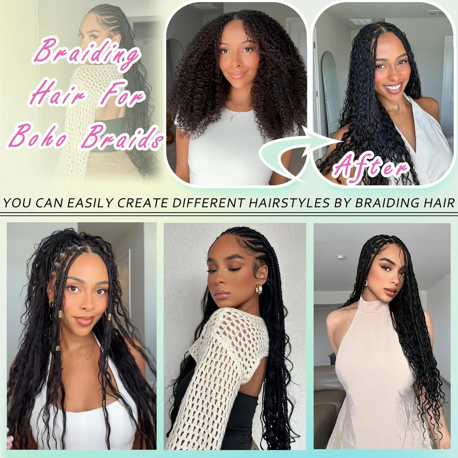 Human Braiding Hair Mix Synthetic Boho Hair for Braiding, 16 Inch 200g Boho Braids 4 Bundles Wet and Wavy Curly Deep Wave Bulk Bohemian Extensions for Black Women (T-27, 16 Inch)