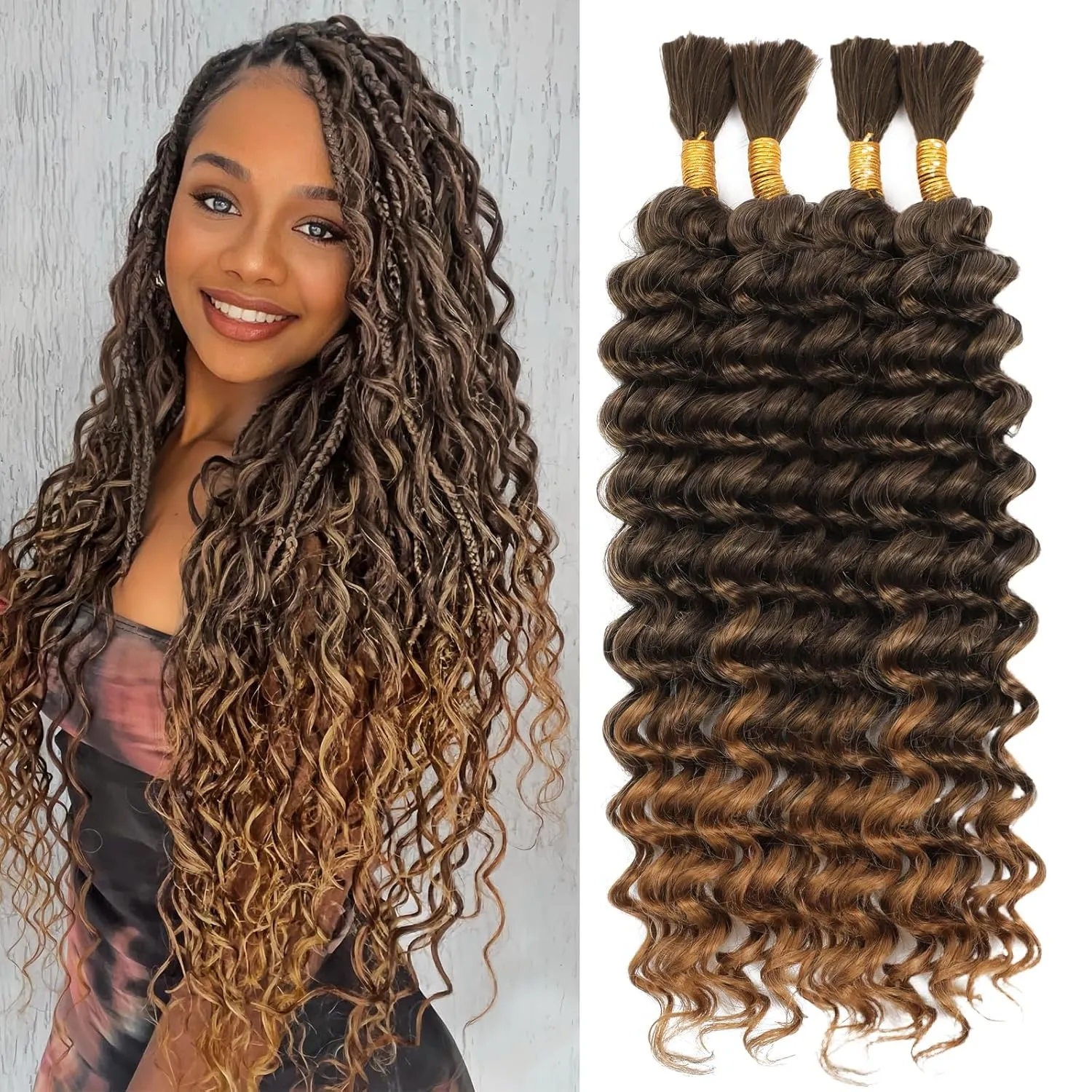 Human Braiding Hair Mix Synthetic Boho Hair for Braiding, 16 Inch 200g Boho Braids 4 Bundles Wet and Wavy Curly Deep Wave Bulk Bohemian Extensions for Black Women (T-27, 16 Inch)