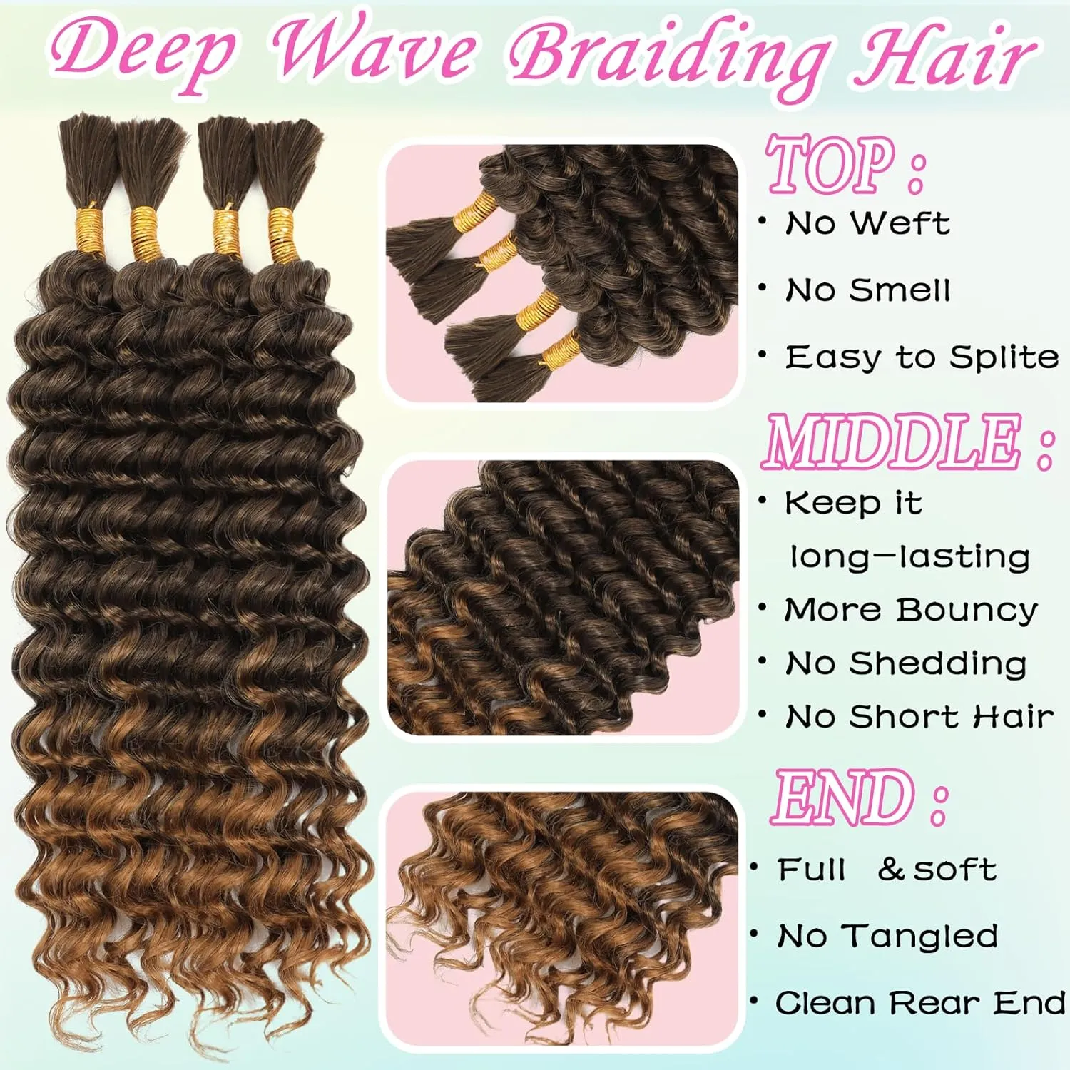 Human Braiding Hair Mix Synthetic Boho Hair for Braiding, 16 Inch 200g Boho Braids 4 Bundles Wet and Wavy Curly Deep Wave Bulk Bohemian Extensions for Black Women (T-27, 16 Inch)