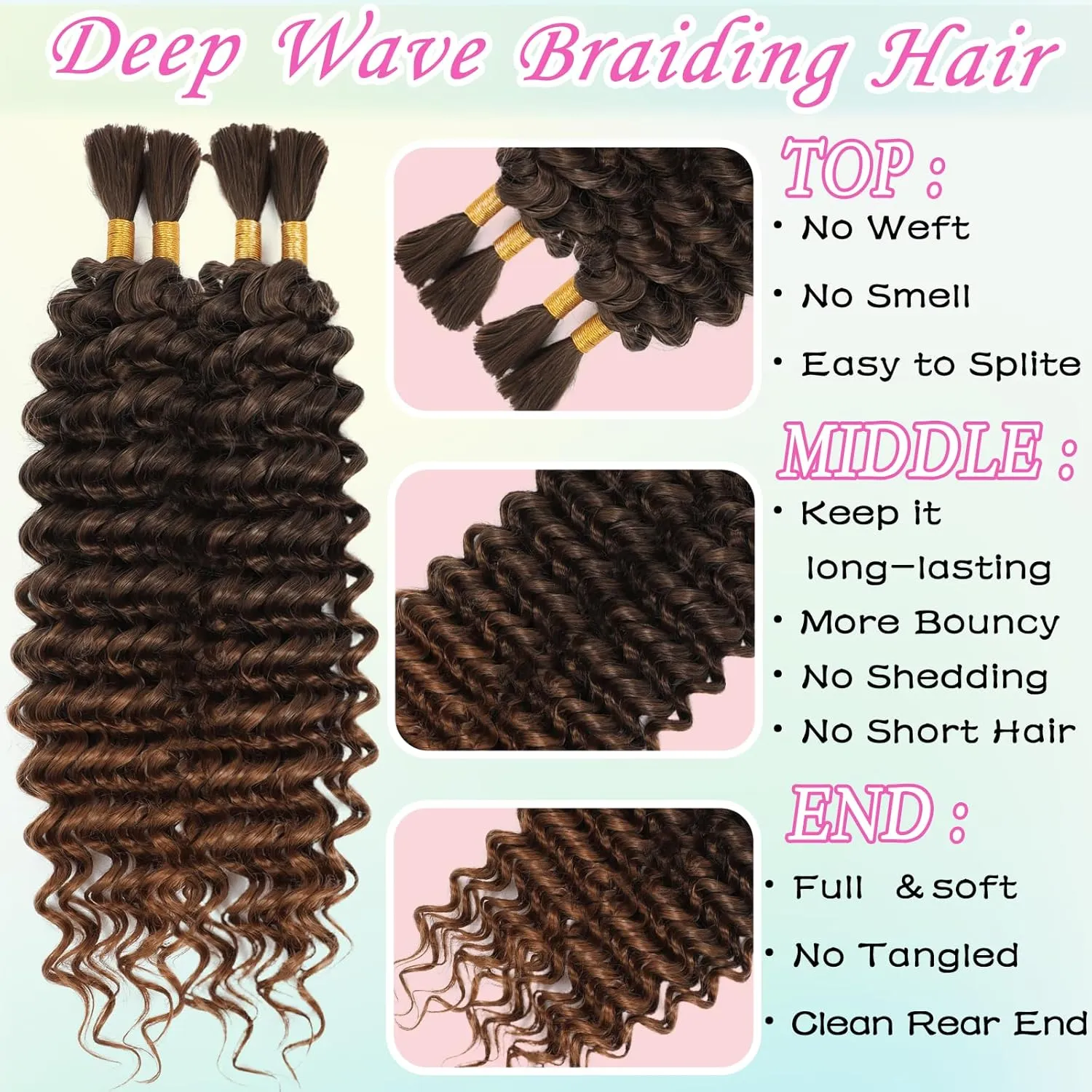 Human Braiding Hair Mix Synthetic Boho Hair for Braiding, 16 Inch 200g Boho Braids 4 Bundles Wet and Wavy Curly Deep Wave Bulk Bohemian Extensions for Black Women (T-30, 16 Inch)