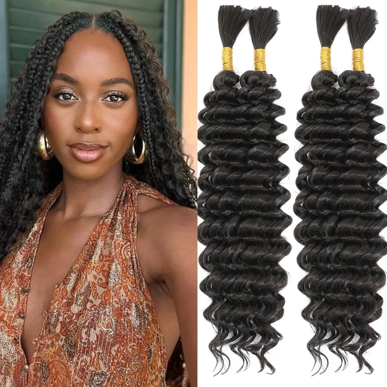 Human Braiding Hair Mix Synthetic Curly Boho Hair for Braiding, 16 Inch Boho Braids 4 Bundles 110g/Bundle Wet and Wavy Deep Wave Bulk Extensions for Black Women (4#, 16 Inch 4 Bundles)