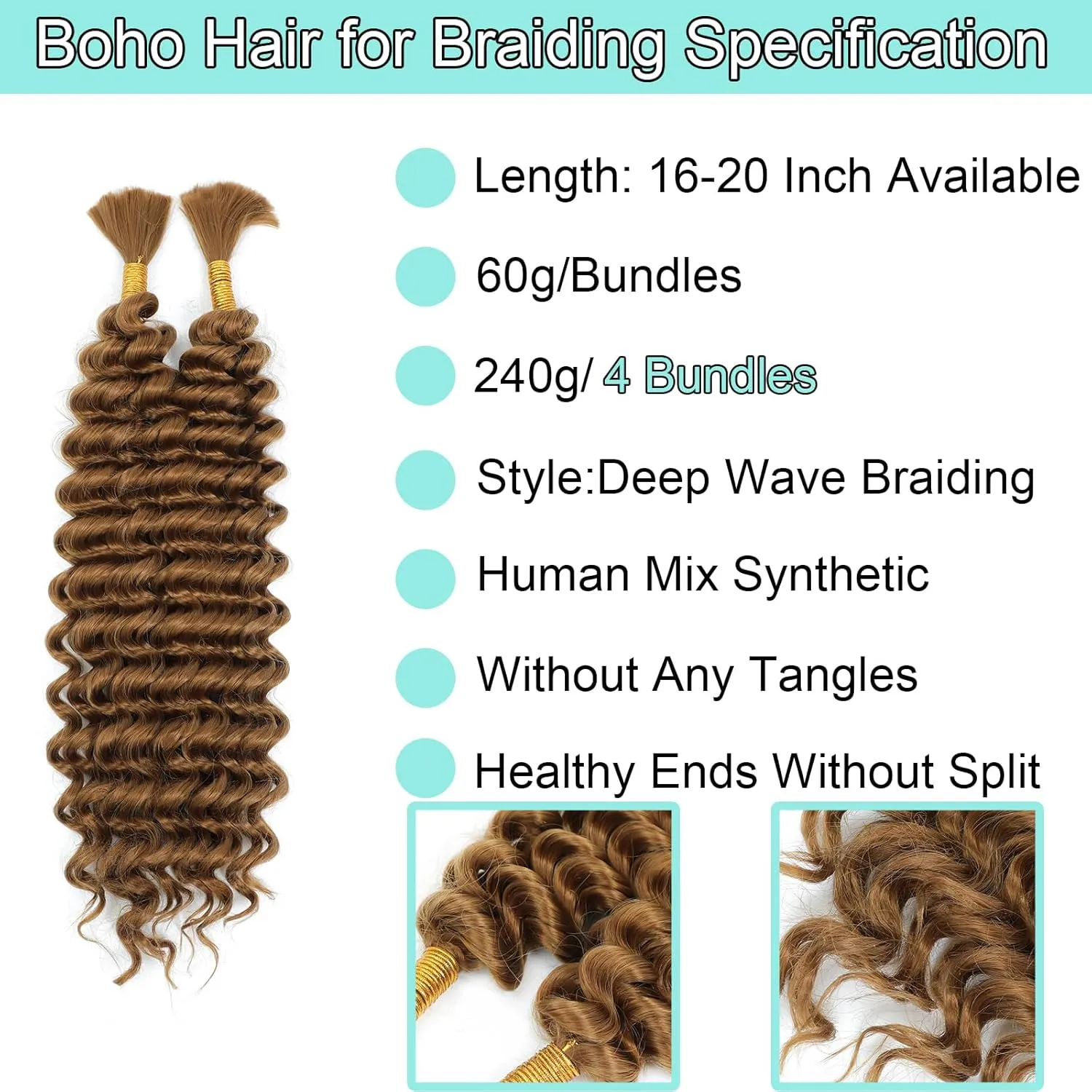 Human Braiding Hair Mix Synthetic Curly Boho Hair for Braiding, 20 Inch Boho Braids 4 Bundles 110g/Bundle Wet and Wavy Deep Wave Bulk Extensions for Black Women (27#, 20 Inch 4 Bundles)