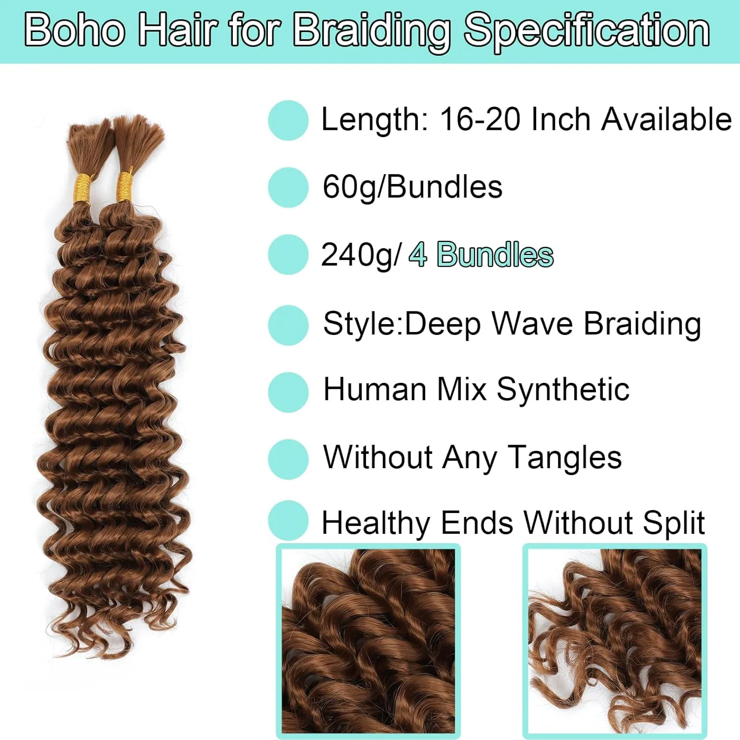 Human Braiding Hair Mix Synthetic Curly Boho Hair for Braiding, 20 Inch Boho Braids 4 Bundles 110g/Bundle Wet and Wavy Deep Wave Bulk Extensions for Black Women (30#, 20 Inch 4 Bundles)