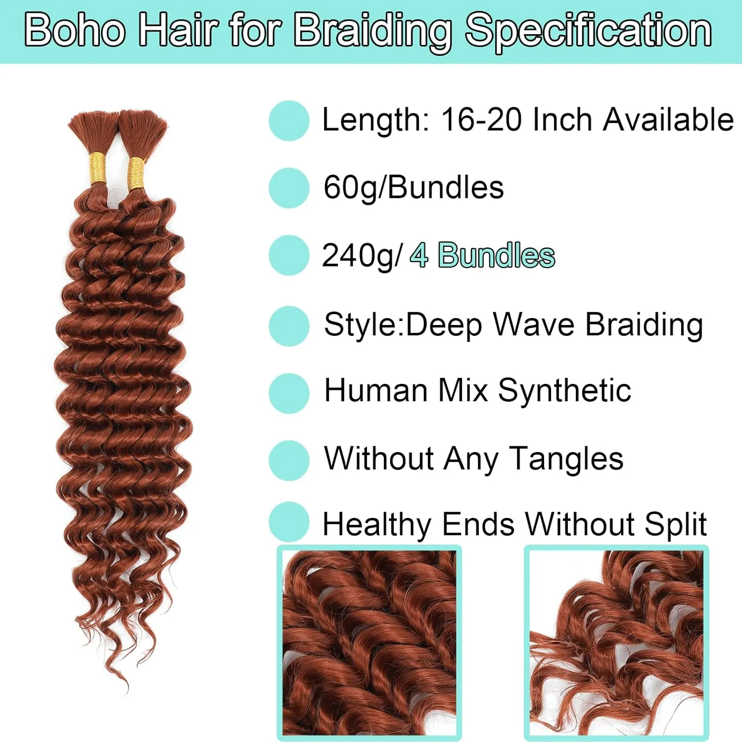 Human Braiding Hair Mix Synthetic Curly Boho Hair for Braiding, 20 Inch Boho Braids 4 Bundles 110g/Bundle Wet and Wavy Deep Wave Bulk Extensions for Black Women (350#, 20 Inch 4 Bundles)