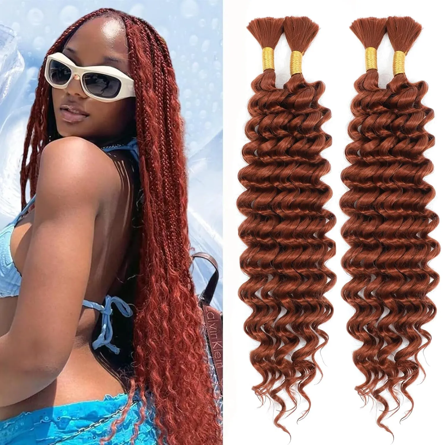 Human Braiding Hair Mix Synthetic Curly Boho Hair for Braiding, 20 Inch Boho Braids 4 Bundles 110g/Bundle Wet and Wavy Deep Wave Bulk Extensions for Black Women (350#, 20 Inch 4 Bundles)