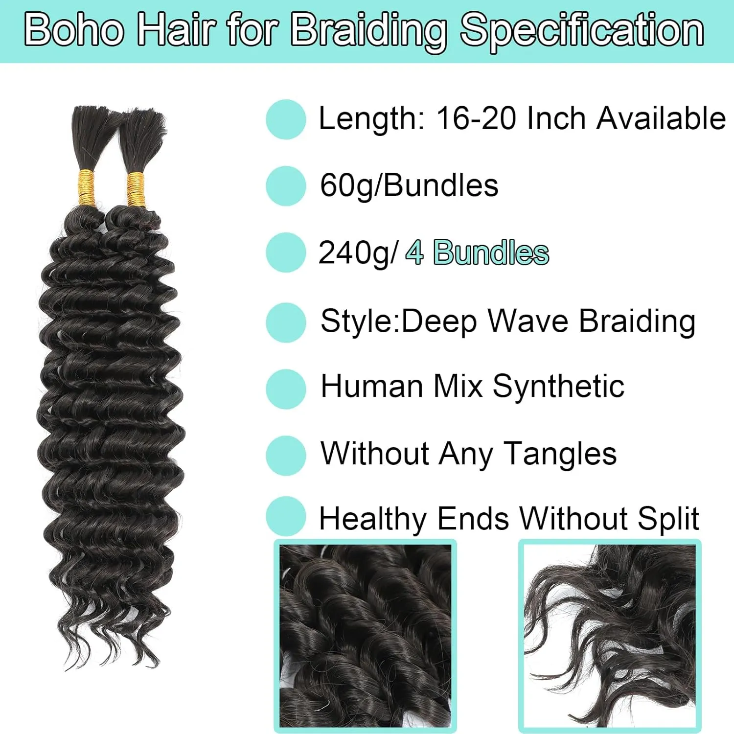 Human Braiding Hair Mix Synthetic Curly Boho Hair for Braiding, 20 Inch Boho Braids 4 Bundles 110g/Bundle Wet and Wavy Deep Wave Bulk Extensions for Black Women (4#, 20 Inch 4 Bundles)