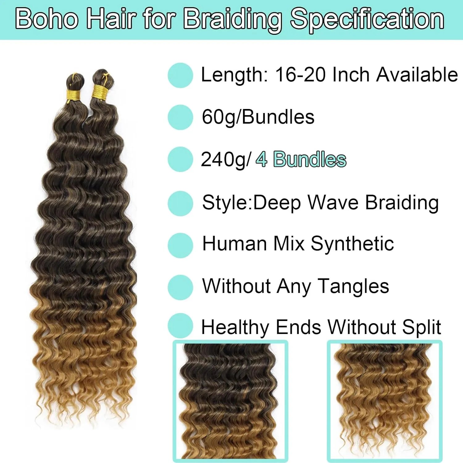 Human Braiding Hair Mix Synthetic Curly Boho Hair for Braiding, 20 Inch Boho Braids 4 Bundles 110g/Bundle Wet and Wavy Deep Wave Bulk Extensions for Black Women (T1B/27, 20 Inch 4 Bundles)
